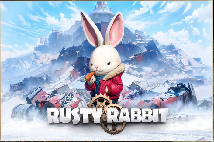 Главный герой игры Rusty Rabbit на фоне меха