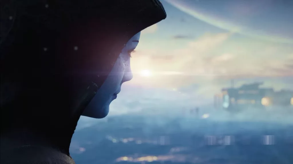 Лиара на фоне города из Mass Effect