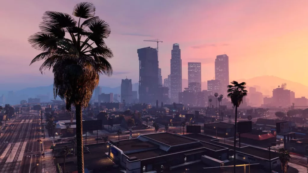 Скриншот из GTA 5 с пальмами и Лос Сантосом